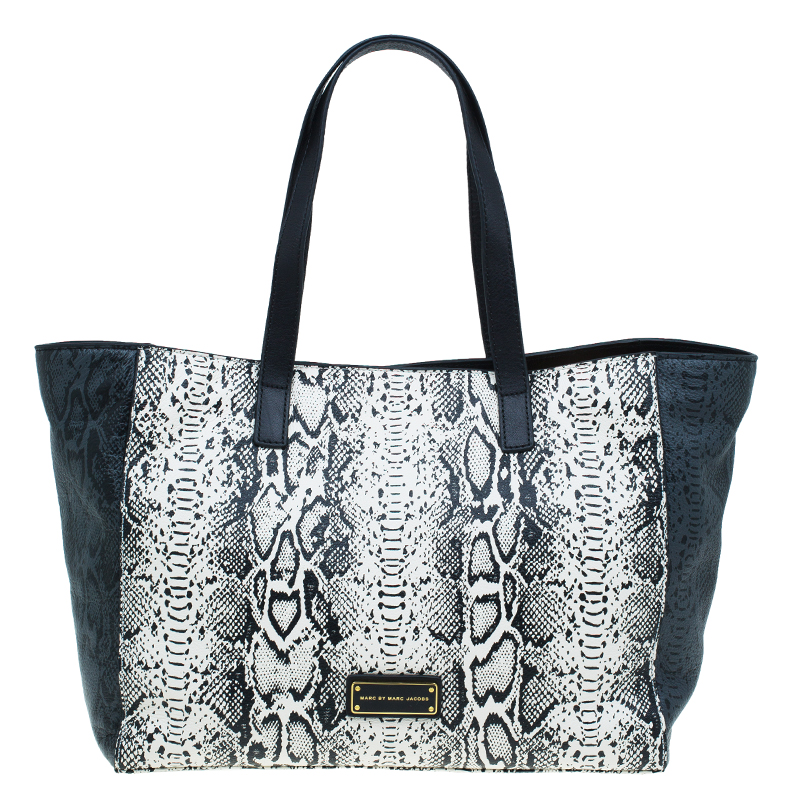 Pre Owned Marc by Marc Jacobs Black/White Leather Here's The T Snake Print Tote