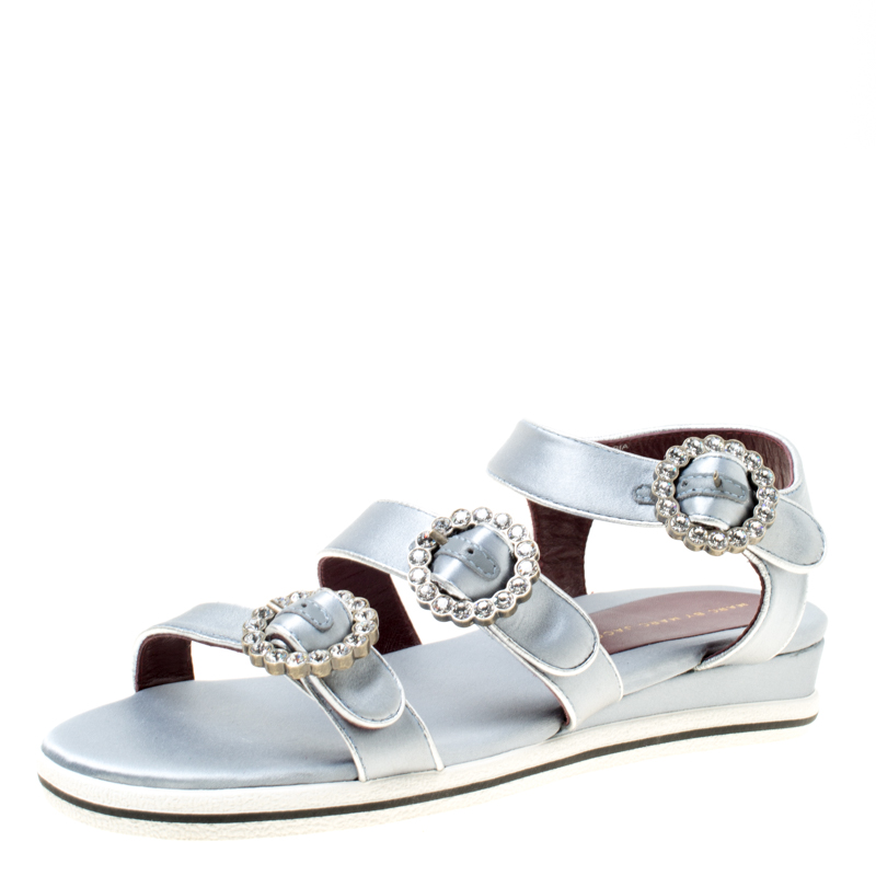 Pre Owned Marc By Marc Jacobs Grey Satin Crystal Embellished Buckle Flat Strappy Sandals Size 38.5