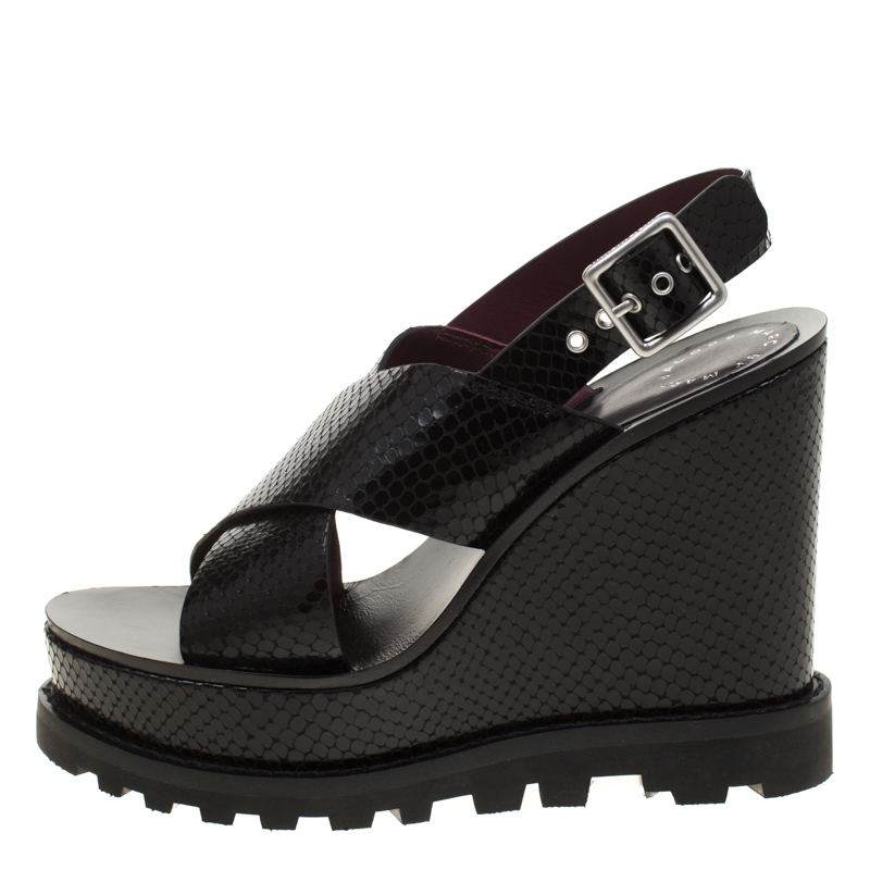 

Marc by Marc Jacobs Black Embossed Snakeskin Leather Irving Cross Strap Wedge Sandals Size