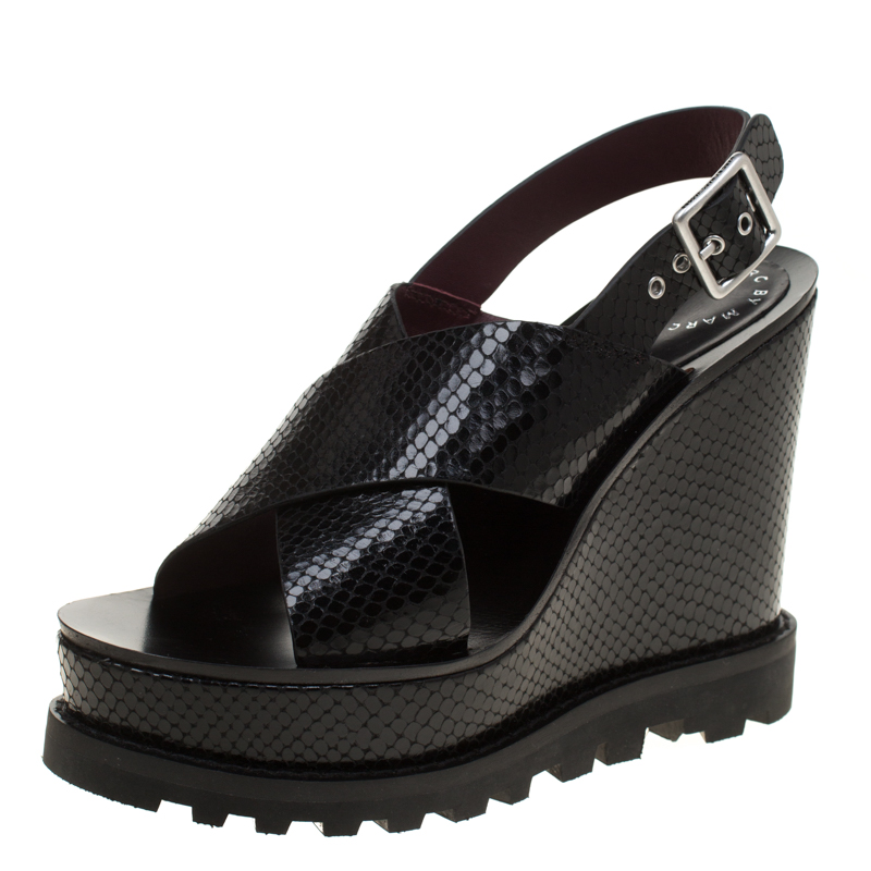 Pre Owned Marc by Marc Jacobs Black Embossed Snakeskin Leather Irving Cross Strap Wedge Sandals Size 38