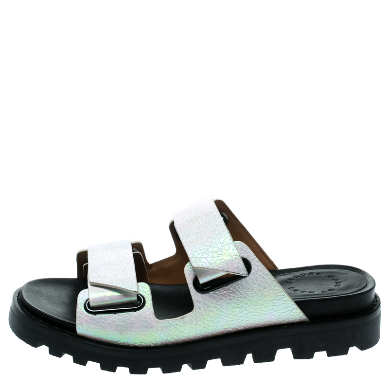 

Marc by Marc Jacobs White Holograph Textured Leather Street Stomp Flat Slides Size
