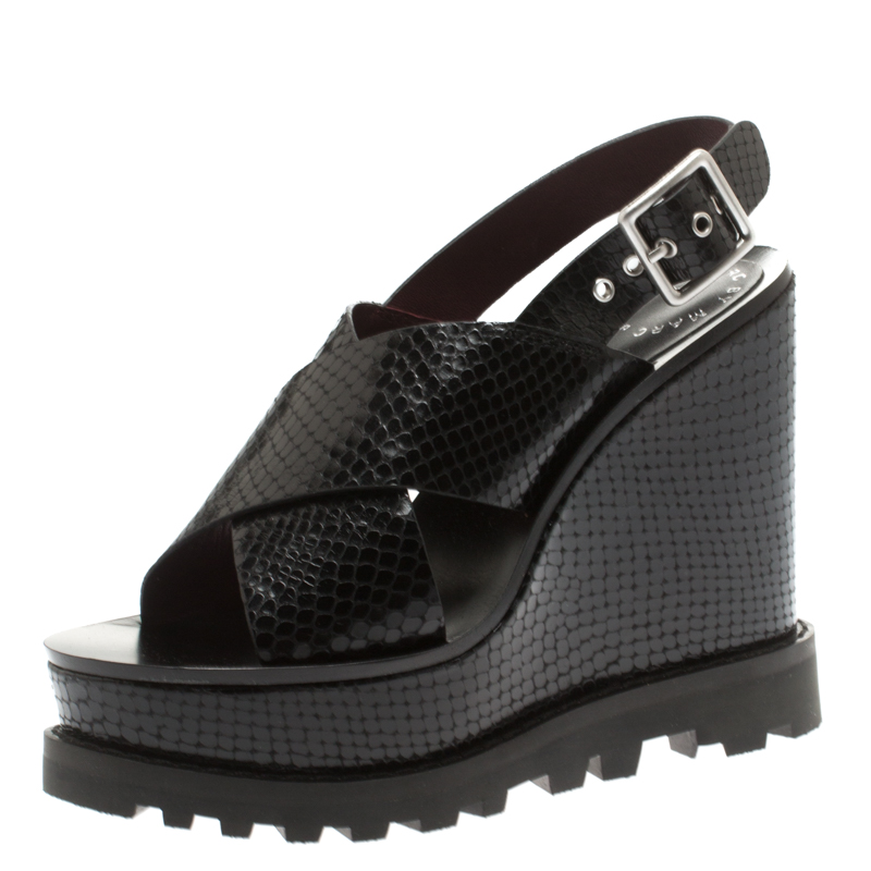 Marc by Marc Jacobs Black Embossed Snakeskin Leather Irving Cross Strap Wedge Sandals Size 35.5