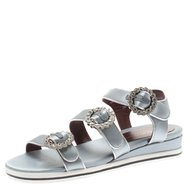 Pre Owned صندل مارك باي مارك جاكوبس سيور فلات إبزيم مزخرف كريستال ساتان رمادي مقاس 38.5