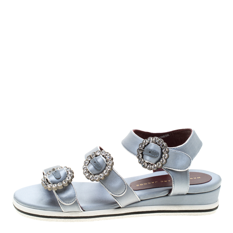 

Marc By Marc Jacobs Grey Satin Crystal Embellished Buckle Flat Strappy Sandals Size