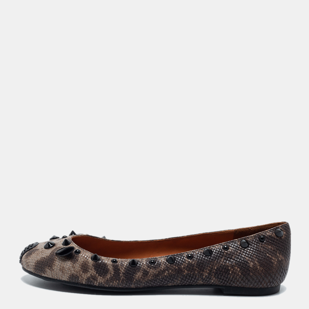 Pre-owned Marc By Marc Jacobs Grey Camo Embossed Leather Spike Trim Mouse Ballet Flats Size 36.5