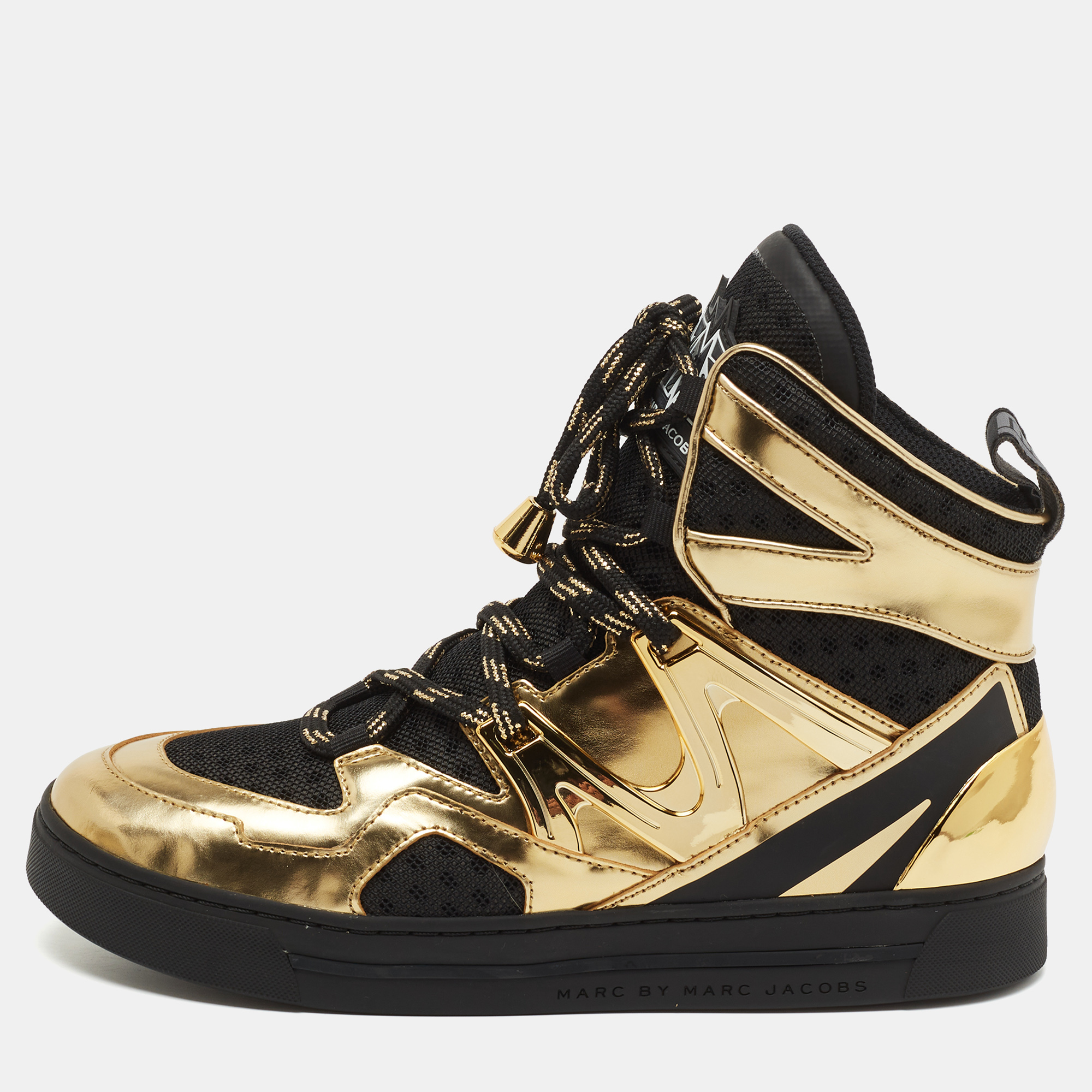 Pre-owned Marc By Marc Jacobs Gold/black Leather And Fabric High Top Sneakers Size 37