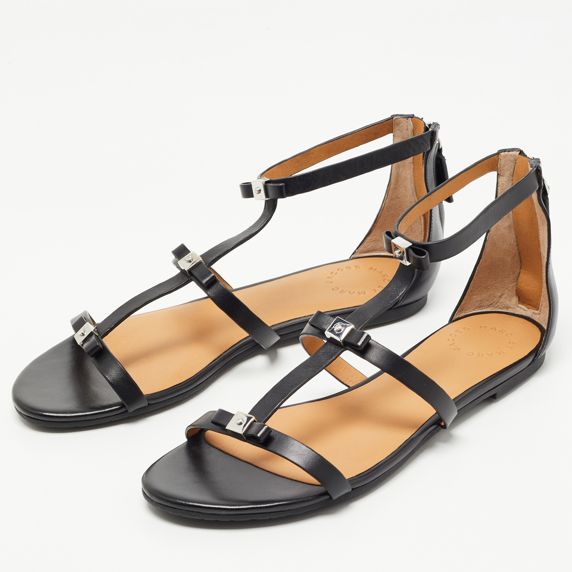 

Marc by Marc Jacobs Black Leather Bow Flat Sandals Size