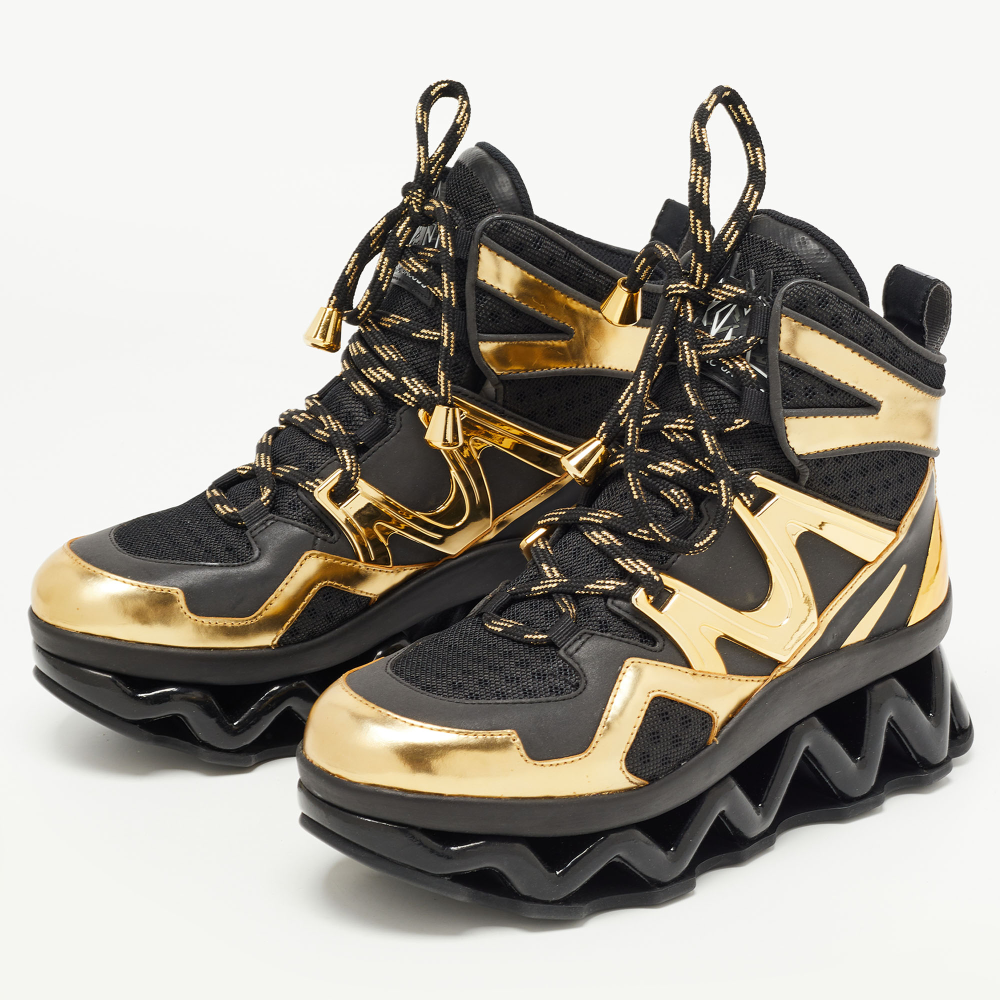 

Marc by Marc Jacobs Black/Gold Leather And Mesh Spring Platform High Top Sneakers Size