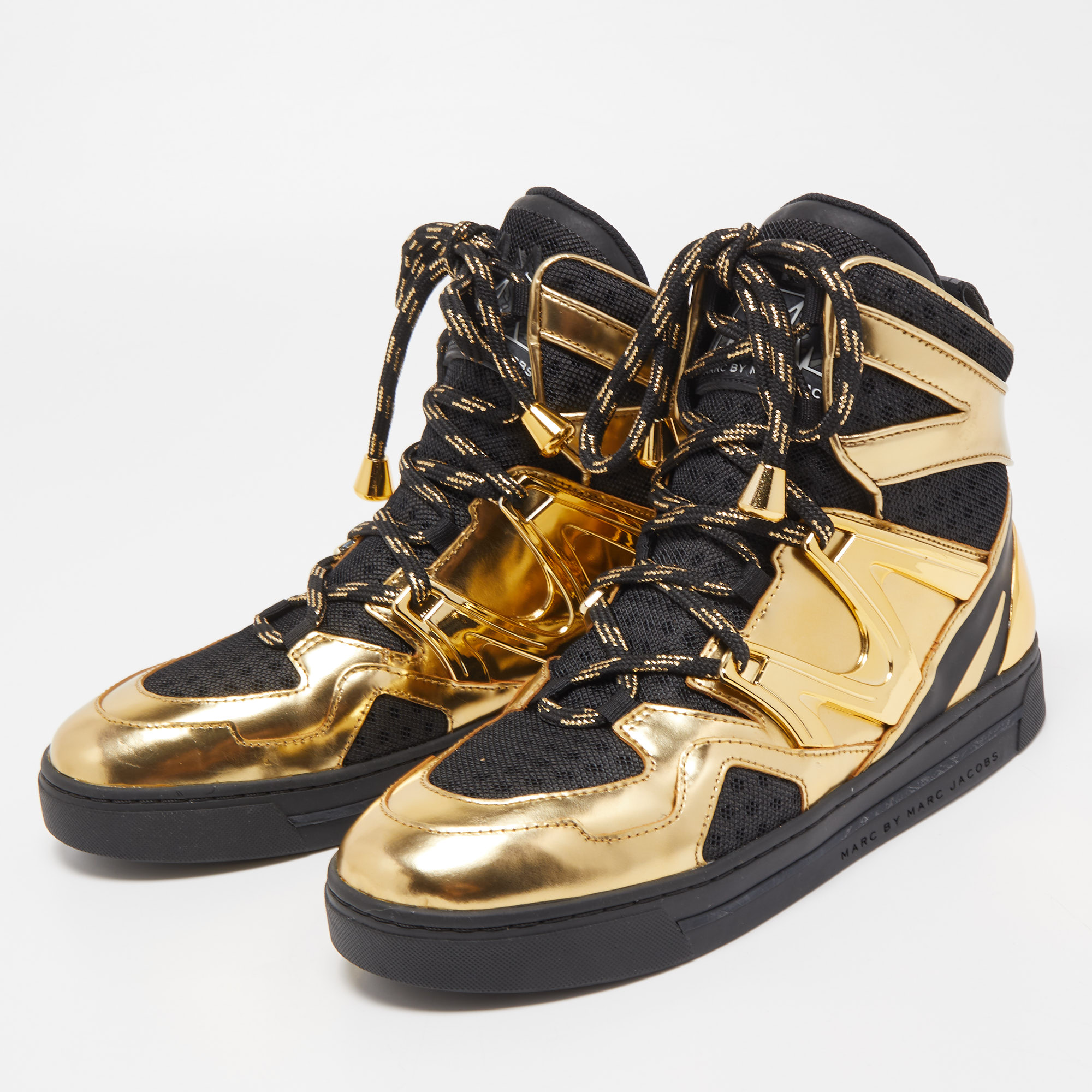 

Marc Jacobs Black/Gold Leather and Mesh High Top Sneakers Size