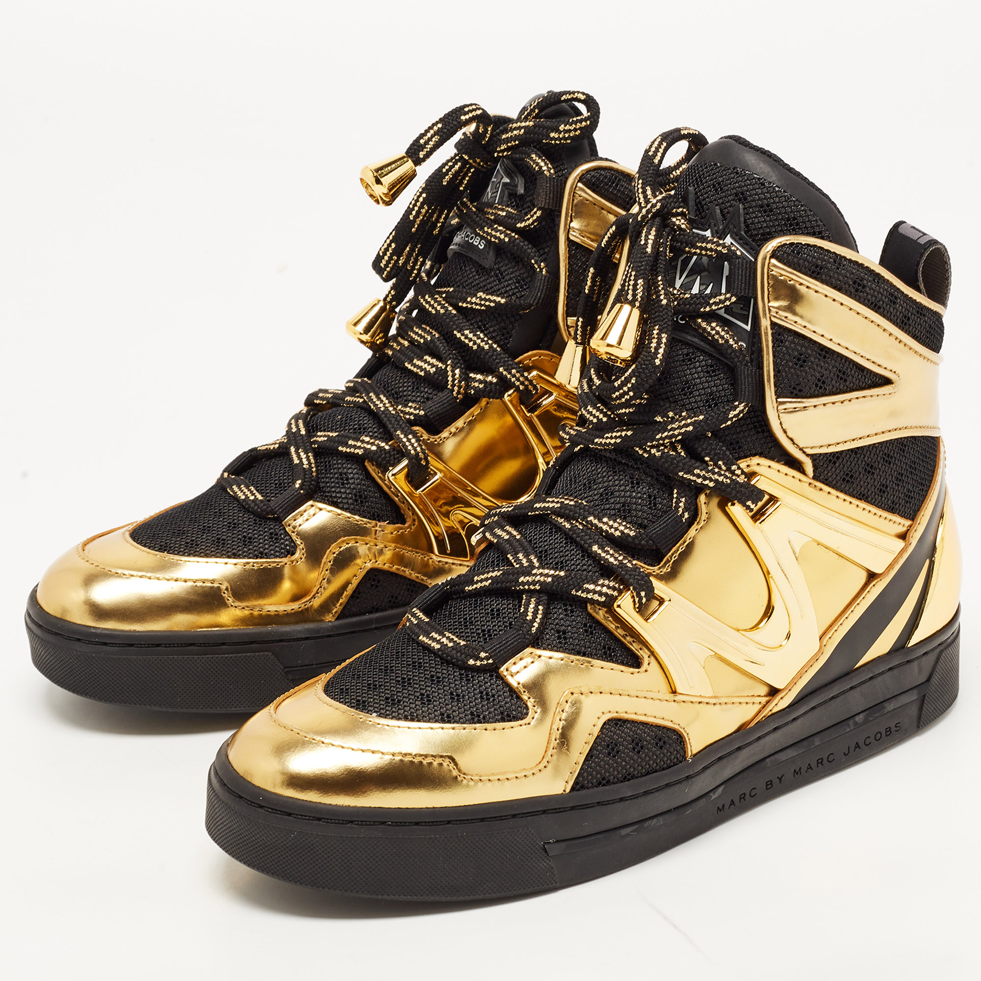 

Marc by Marc Jacobs Gold/Black Leather and Mesh High Top Sneakers Size