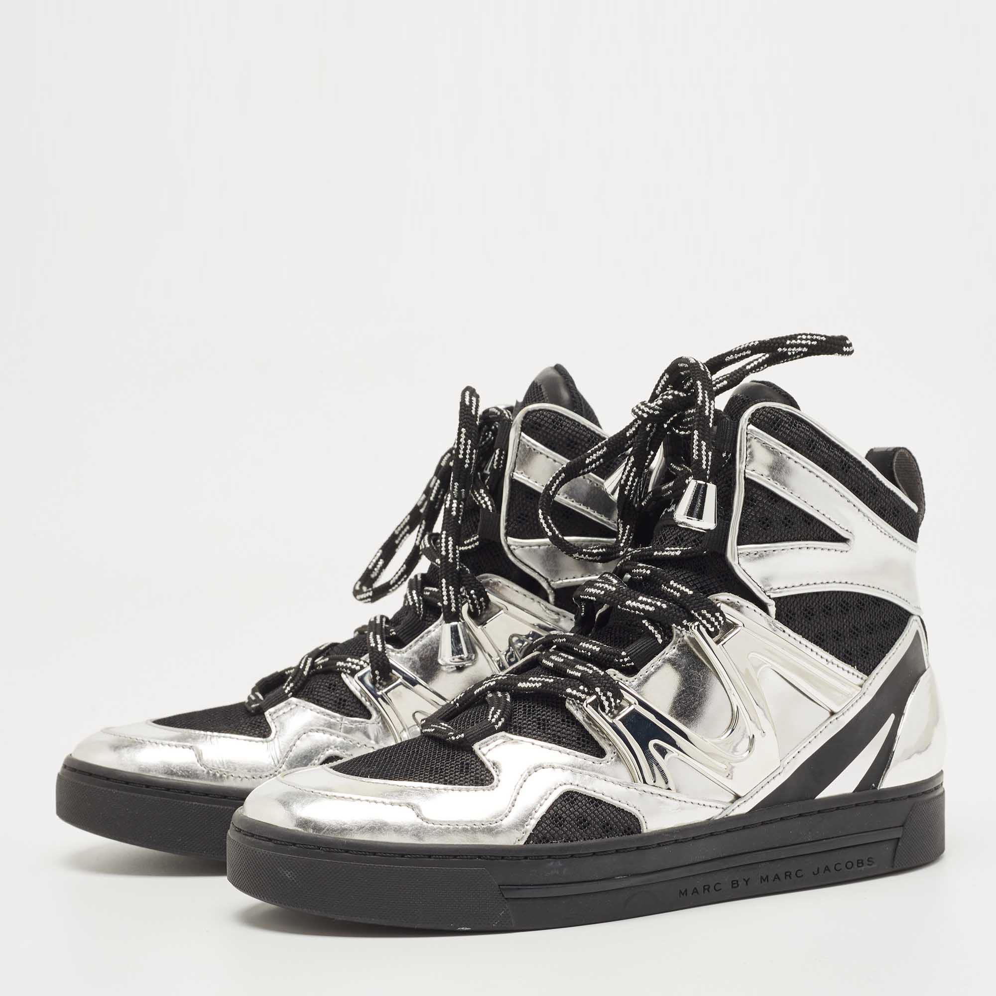 

Marc by Marc Jacobs Silver/Black Leather and Mesh High Top Sneakers Size