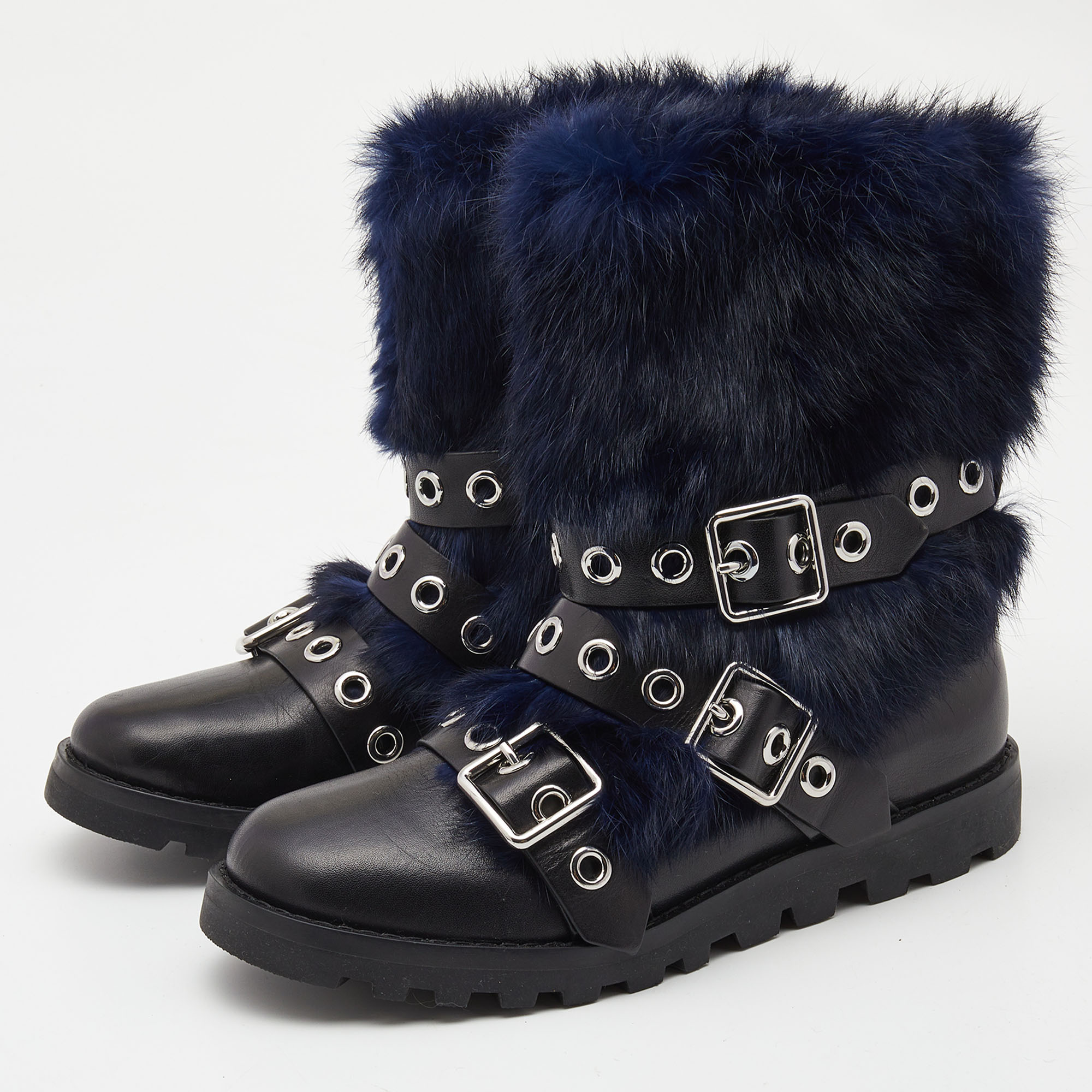 

Marc By Marc Jacobs Black/Blue Ricky Rex Rabbit Fur and Leather Buckled Moto Boots Size