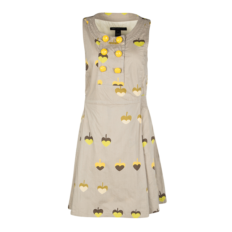 Marc by Marc Jacobs Beige Printed Cotton Tie Detail Double Breasted Sleeveless Dress S