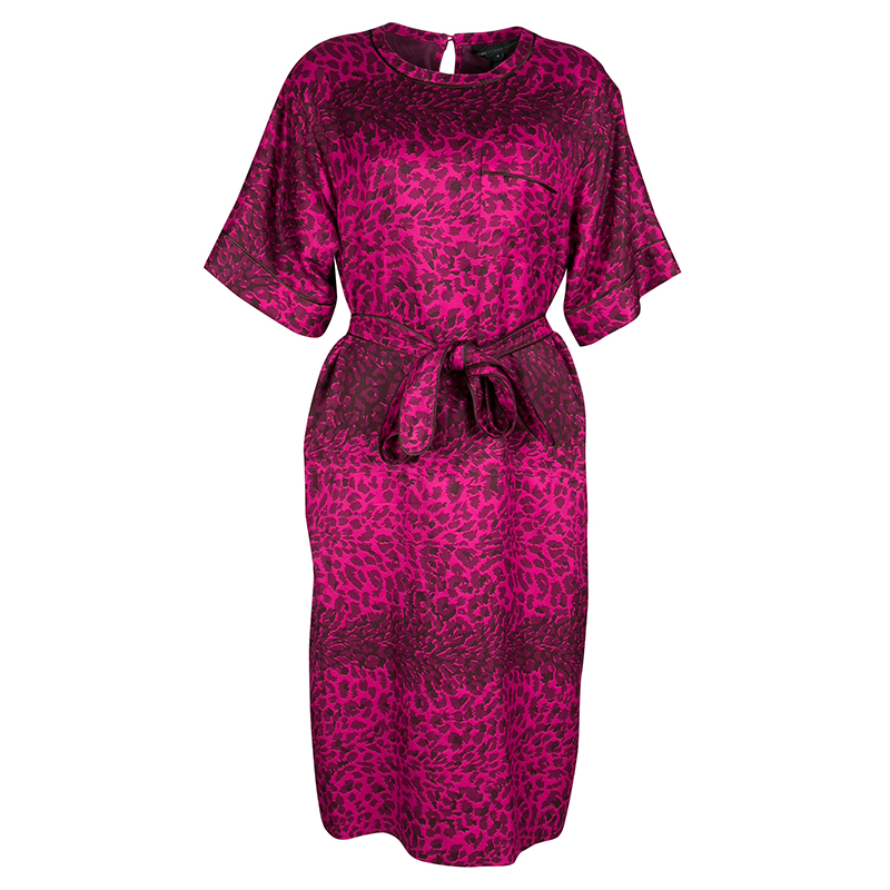 Pre Owned Marc by Marc Jacobs Magenta Animal Printed Silk Belted Dress S