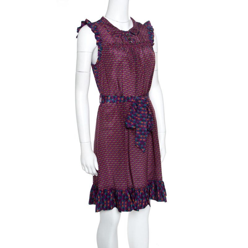 

Marc by Marc Jacobs Multicolor Printed Silk Ruffled Trim Belted Dress