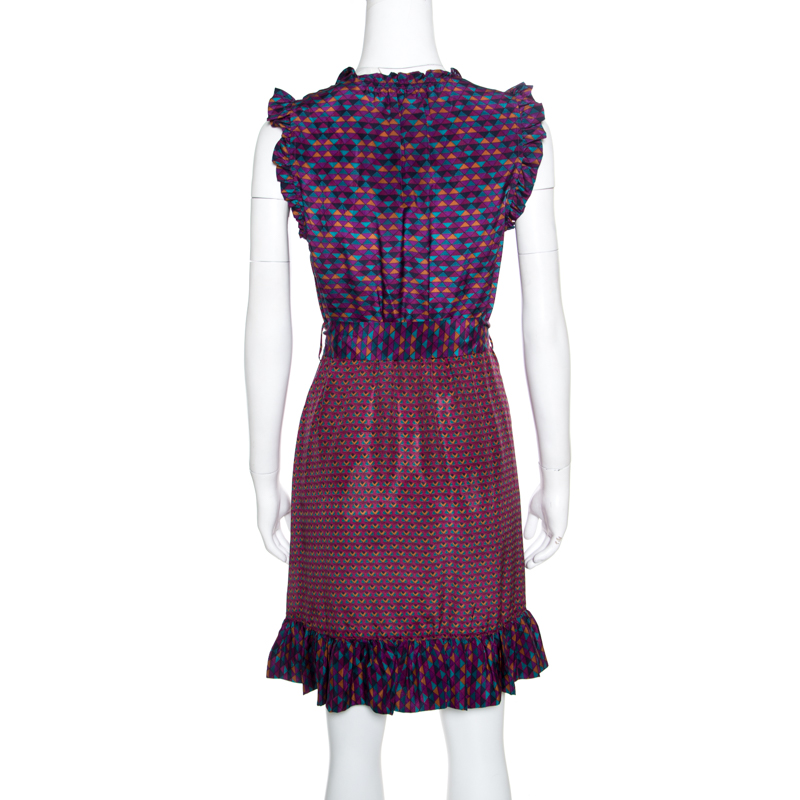 Marc By Marc Jacobs Multicolor Printed Silk Ruffled Trim Belted Dress Xs