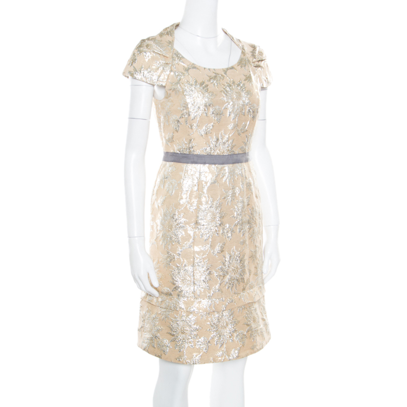 

Marc By Marc Jacobs Beige Floral Lurex Jacquard Contrast Waistband Cap Sleeve Dress