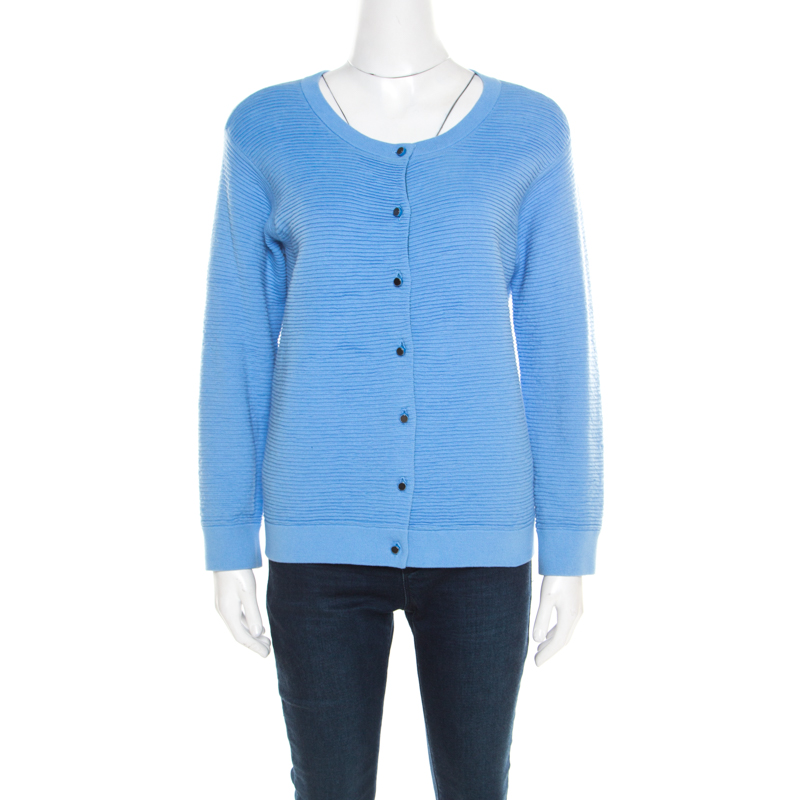 مملوكة مسبقًا Marc by Marc Jacobs Bright Periwinkle Blue Jacquard Ribbed Knit Cardigan M