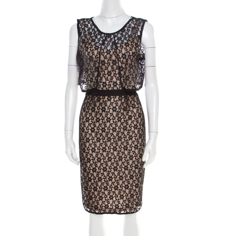 Pre Owned Marc by Marc Jacobs Black and Beige Floral Lace Overlay Dahlia Dress S