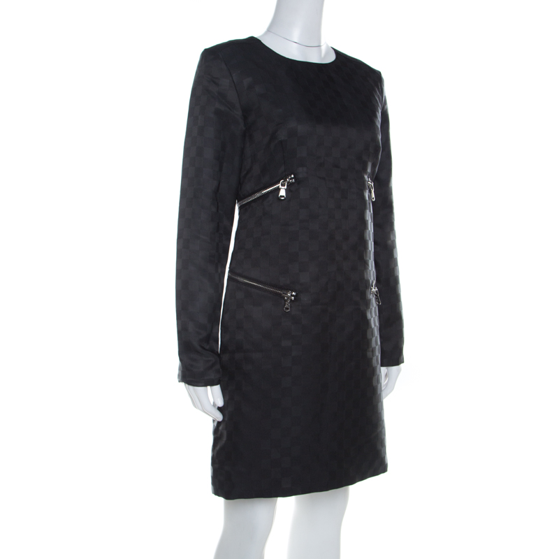 

Marc by Marc Jacobs Dress Black Textured Check Twill Zipper Detail Shift Dress