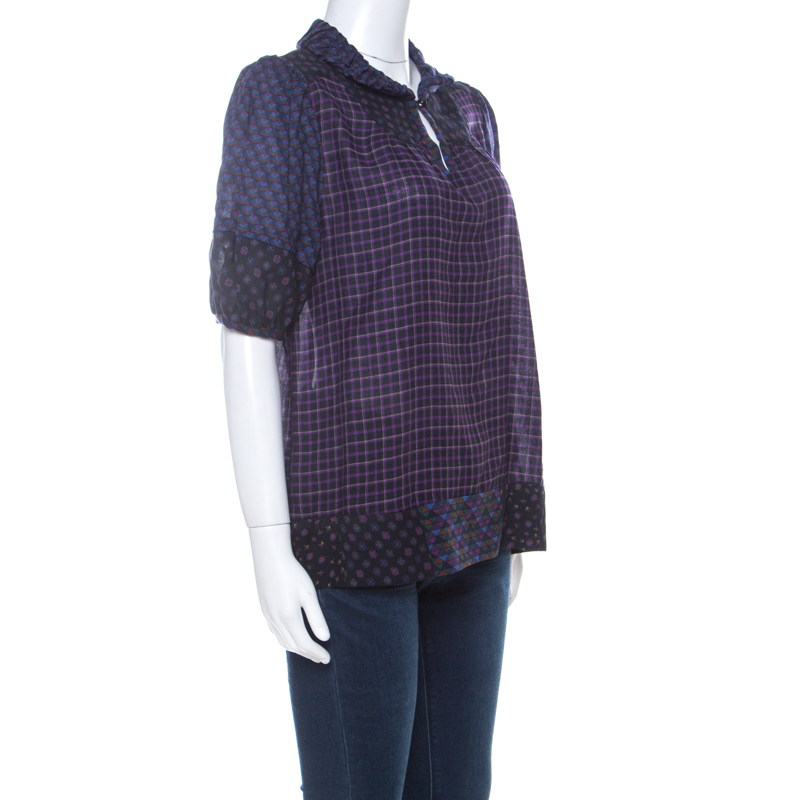 Pre-owned Marc By Marc Jacobs Multicolor Wool & Silk Blend Mixed Print Puff Sleeve Polo Shirt L