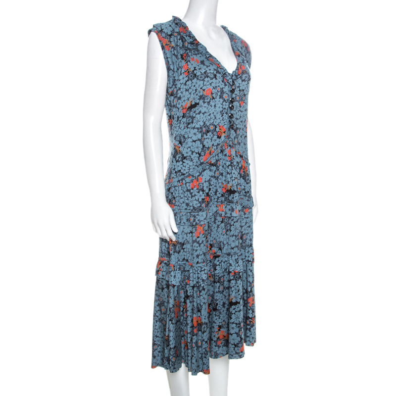 

Marc by Marc Jacobs Teal Blue Floral Printed Modal Ruffle Detail Dress