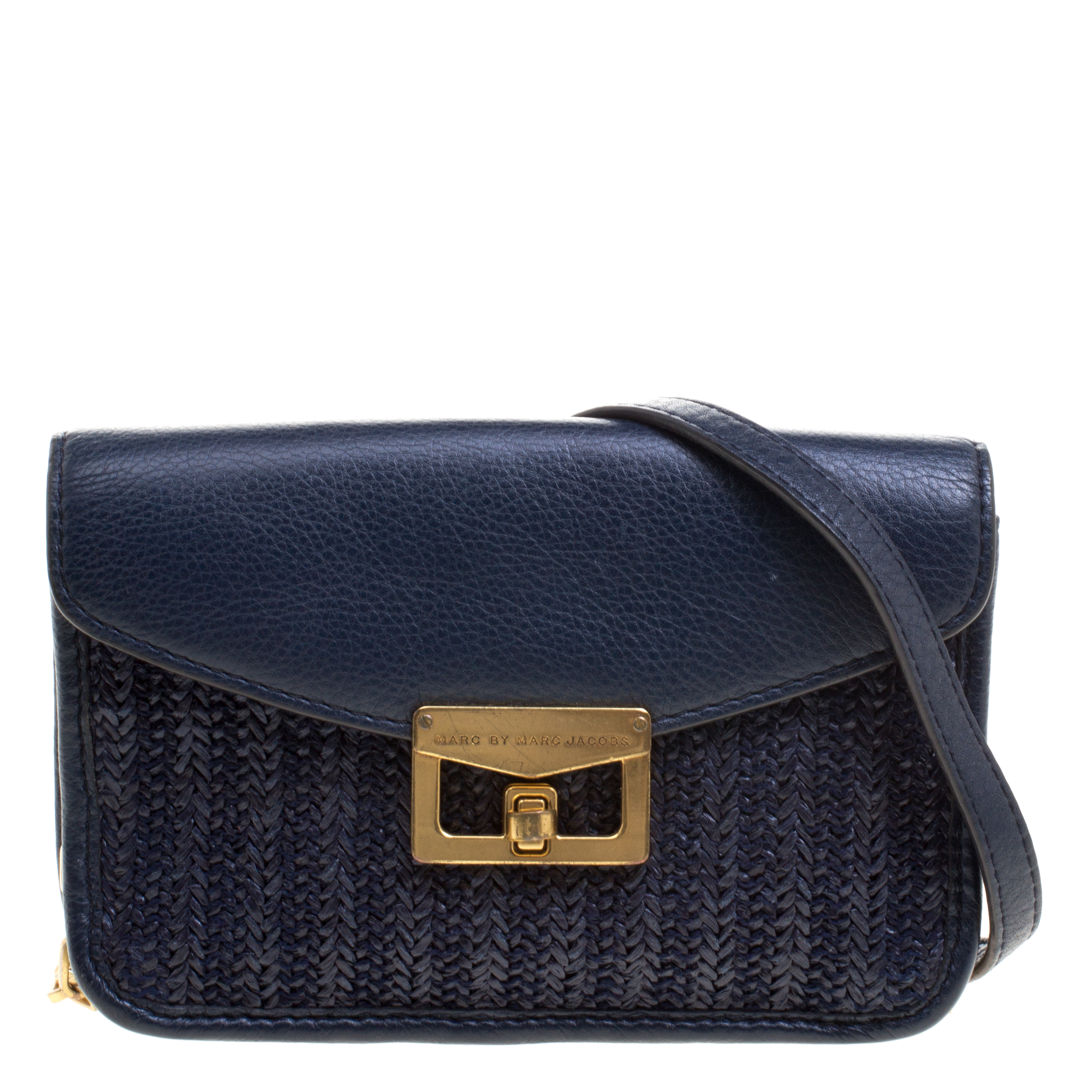 Pre Owned Marc by Marc Jacobs Navy Blue Raffia Bianca Jane Crossbody Bag 