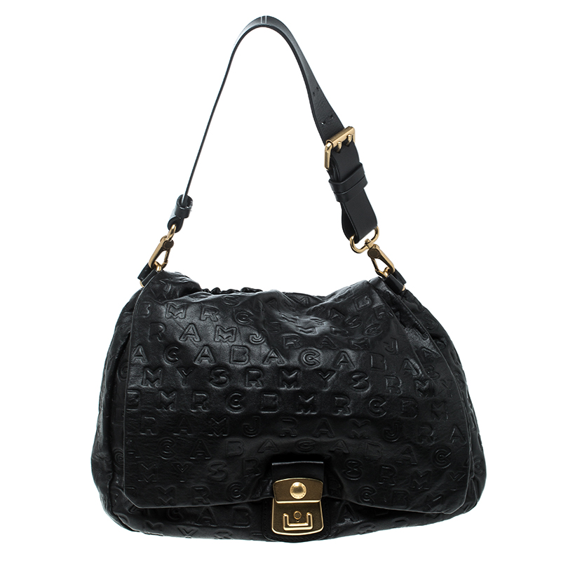 Pre Owned Marc By Marc Jacobs Black Dreamy Logo Leather Puckered Mouse Hobo