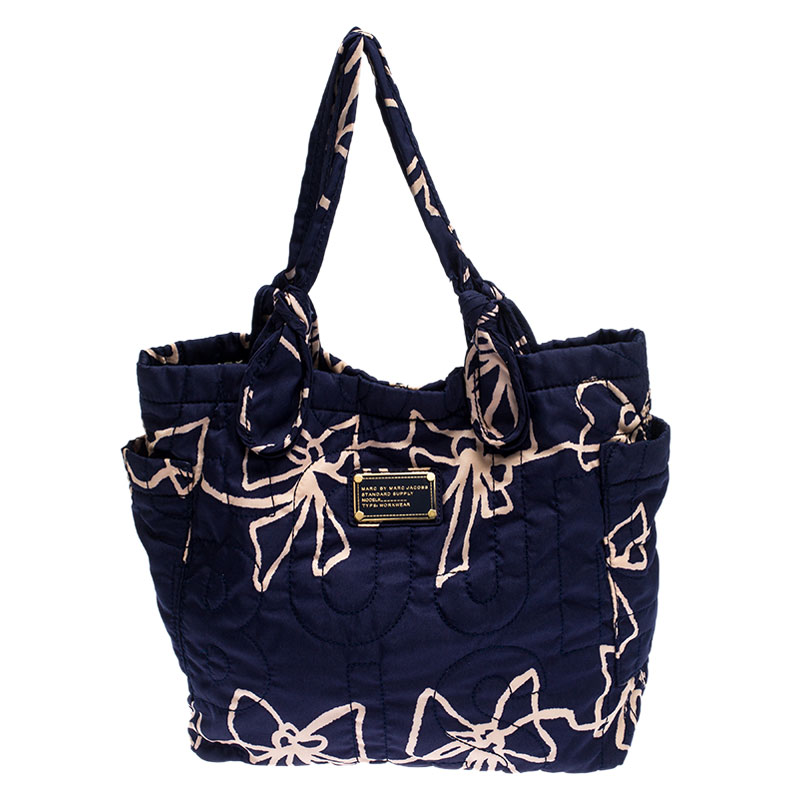 Pre Owned Marc by Marc Jacobs Navy Blue/Pink Printed Bow Nylon Tate Tote