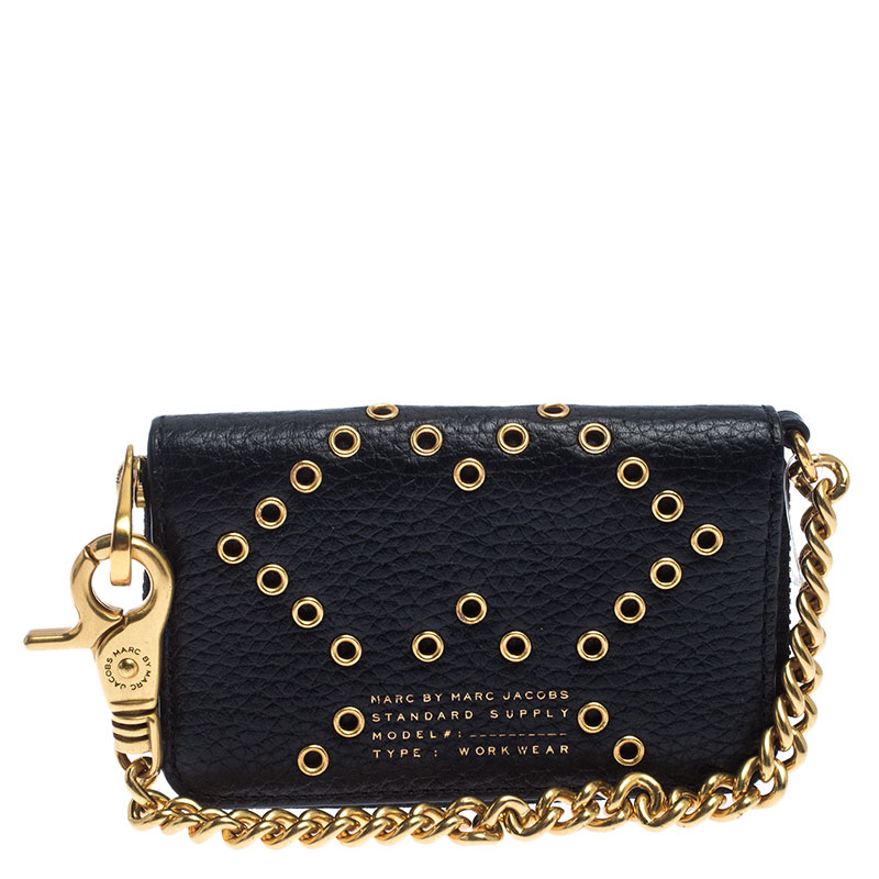 Marc by Marc Jacobs Black Leather Grommet Embellished Compact Zip Around Wallet