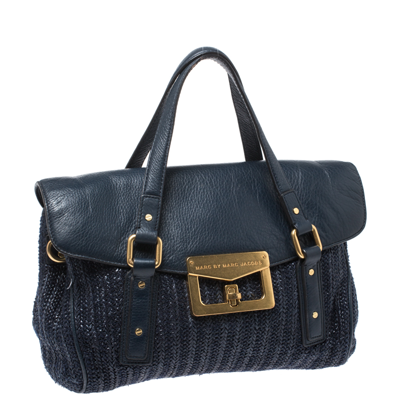 Pre-owned Marc By Marc Jacobs Blue Straw And Leather Flap Satchel