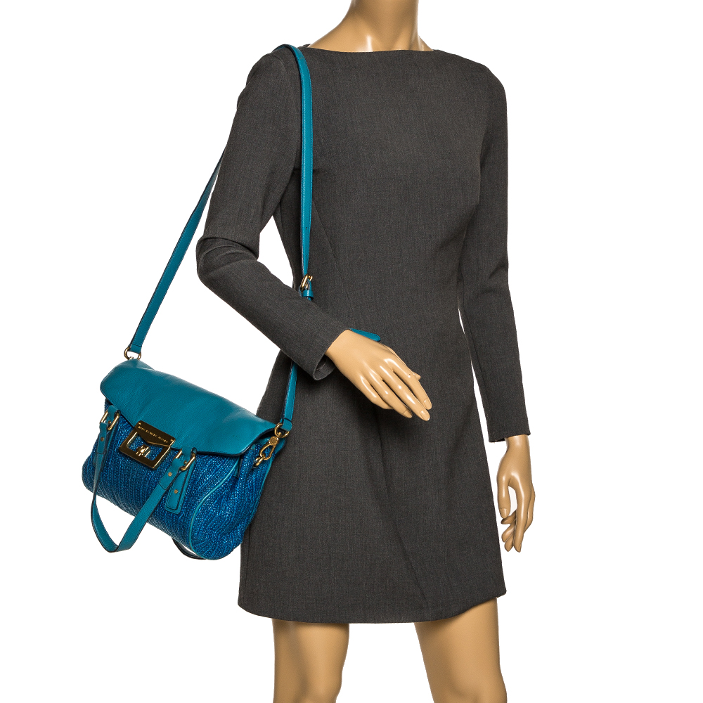 

Marc by Marc Jacobs Two Tone Blue Raffia and Leather Turnlock Flap Shoulder Bag