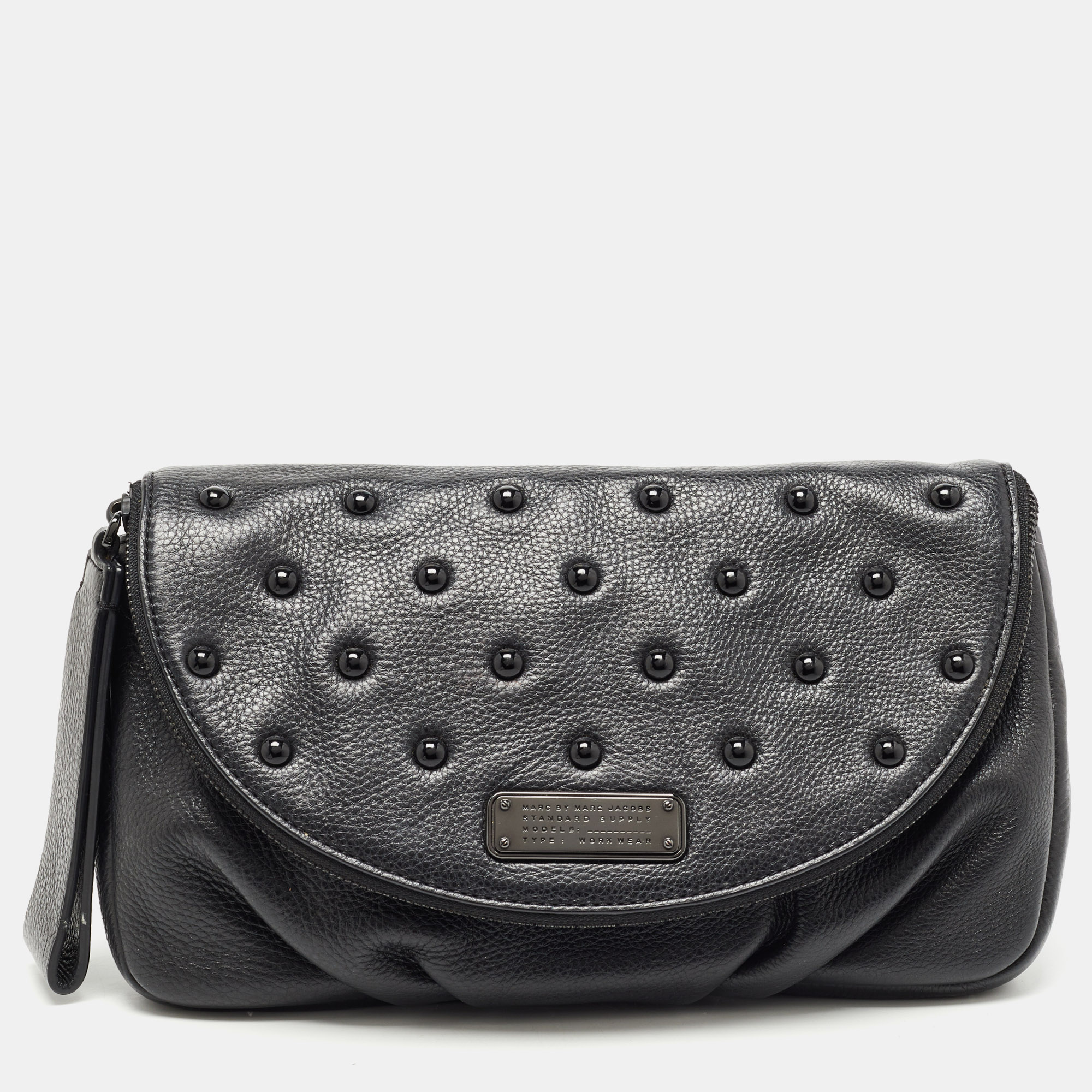 Pre-owned Marc By Marc Jacobs Black Leather Studded Fold Over Clutch