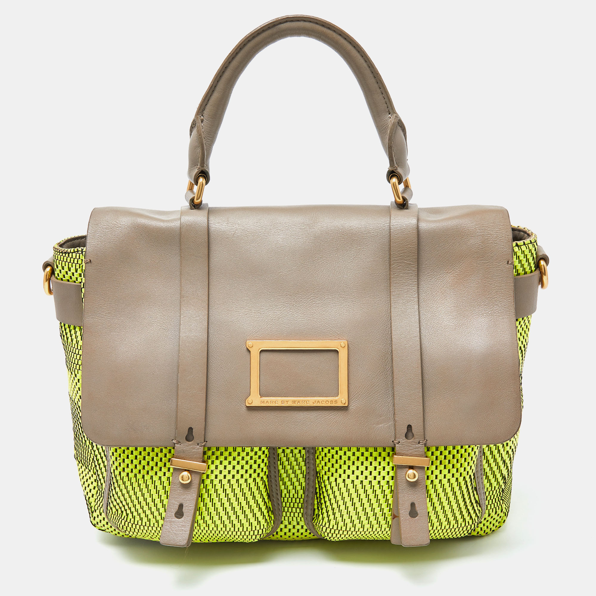 Pre-owned Marc By Marc Jacobs Neon Green/grey Woven Patent And Leather Werdie Top Handle Bag
