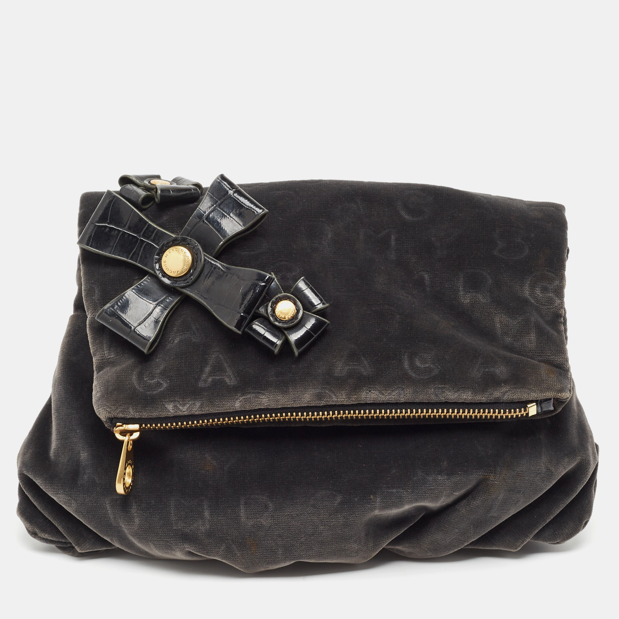 

Marc by Marc Jacobs Grey/Black Velvet and Croc Embossed Leather Bow Fold Over Clutch