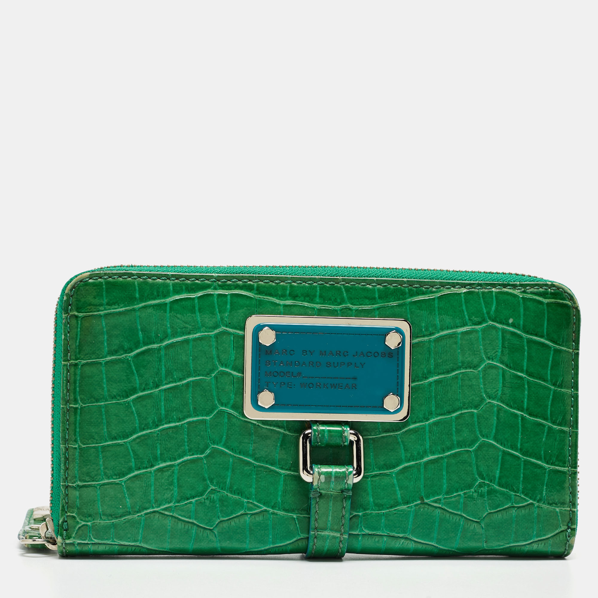 Pre-owned Marc By Marc Jacobs Green Croc Embossed Patent Leather Zip Around Wallet