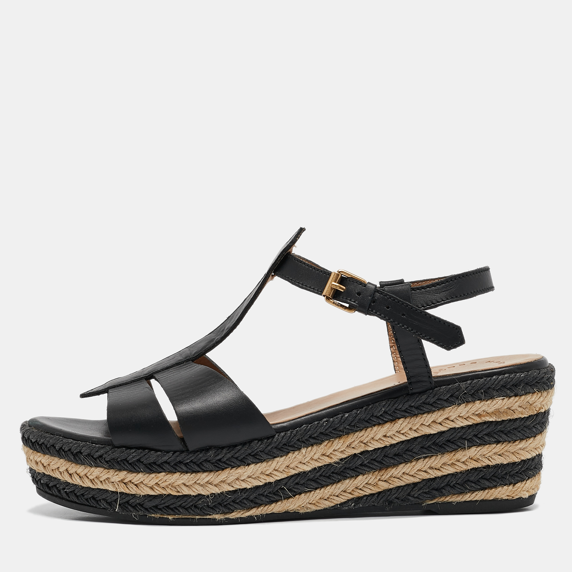 

Marc by Marc Jacobs Black Leather Stripe Espadrille Wedge Sandals Size