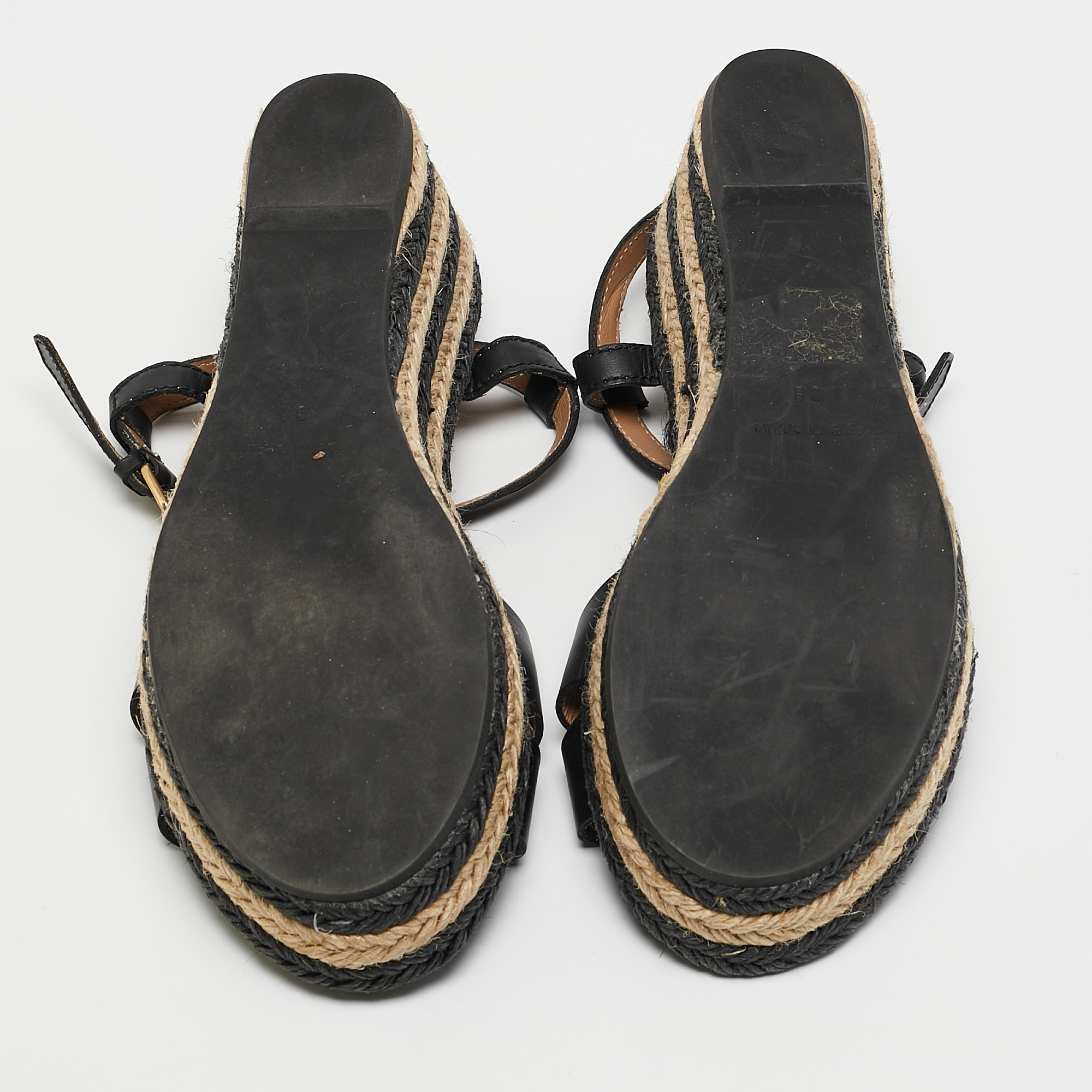 Marc by Marc Jacobs Black Leather Stripe Espadrille Wedge Sandals Size 39 