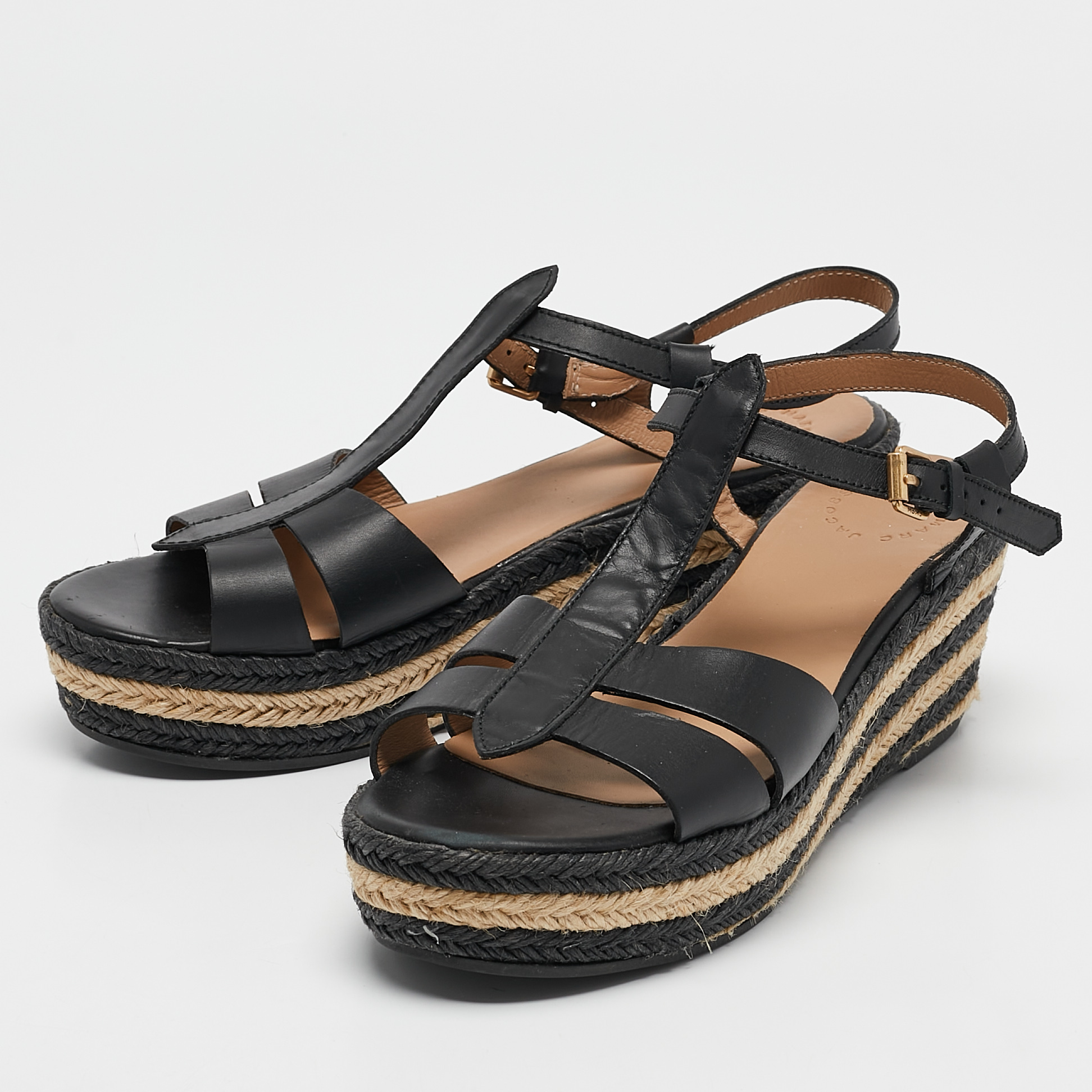 Marc by Marc Jacobs Black Leather Stripe Espadrille Wedge Sandals Size 39 