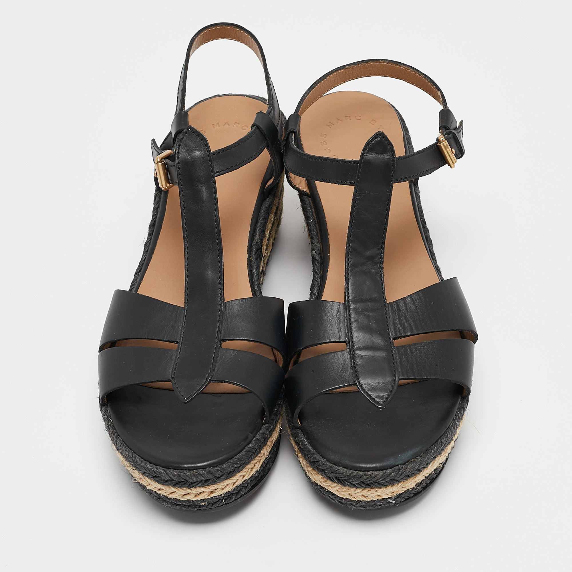 Marc by Marc Jacobs Black Leather Stripe Espadrille Wedge Sandals Size 39 