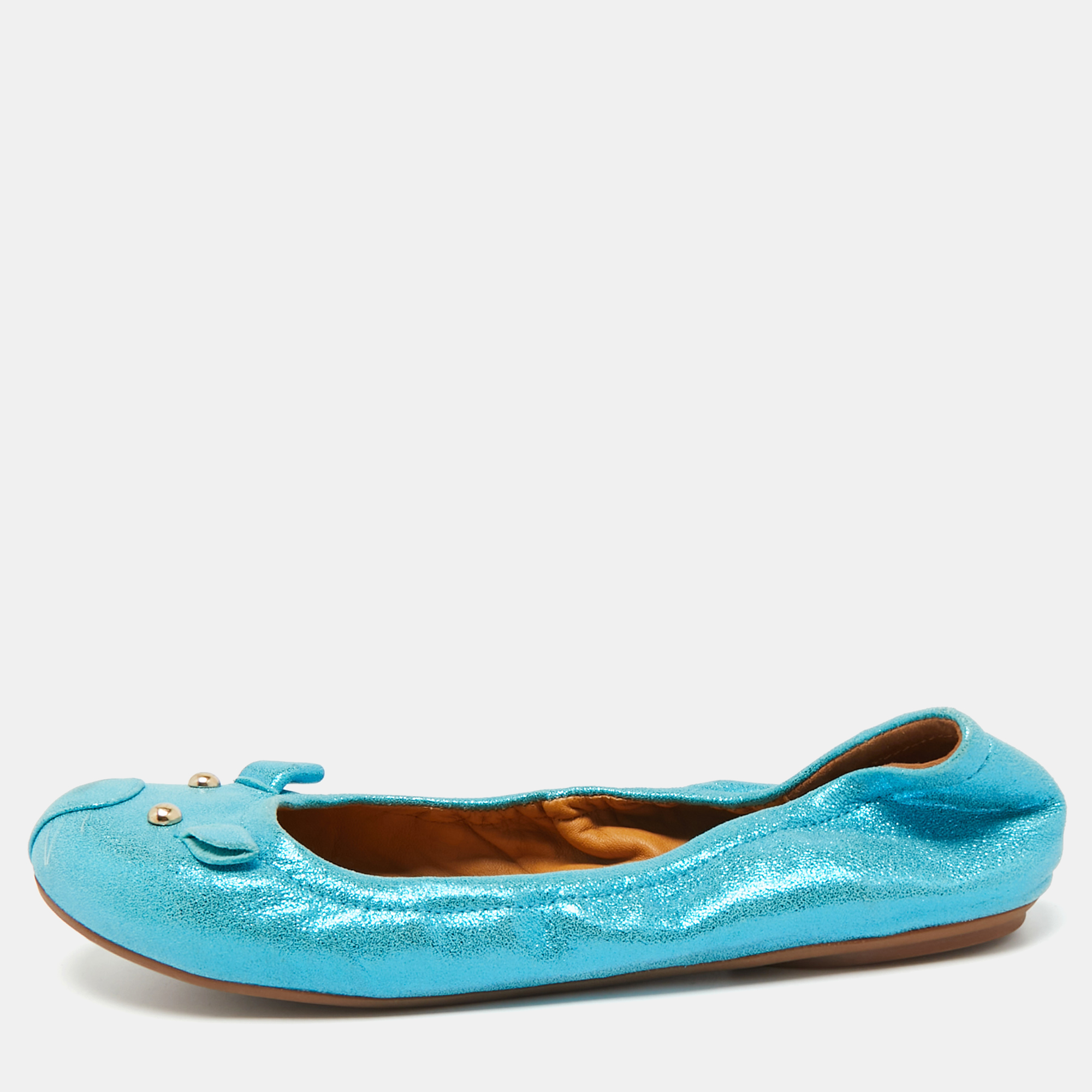 Pre-owned Marc By Marc Jacobs Blue Suede Logo Plaque Scrunch Ballet Flats Size 37