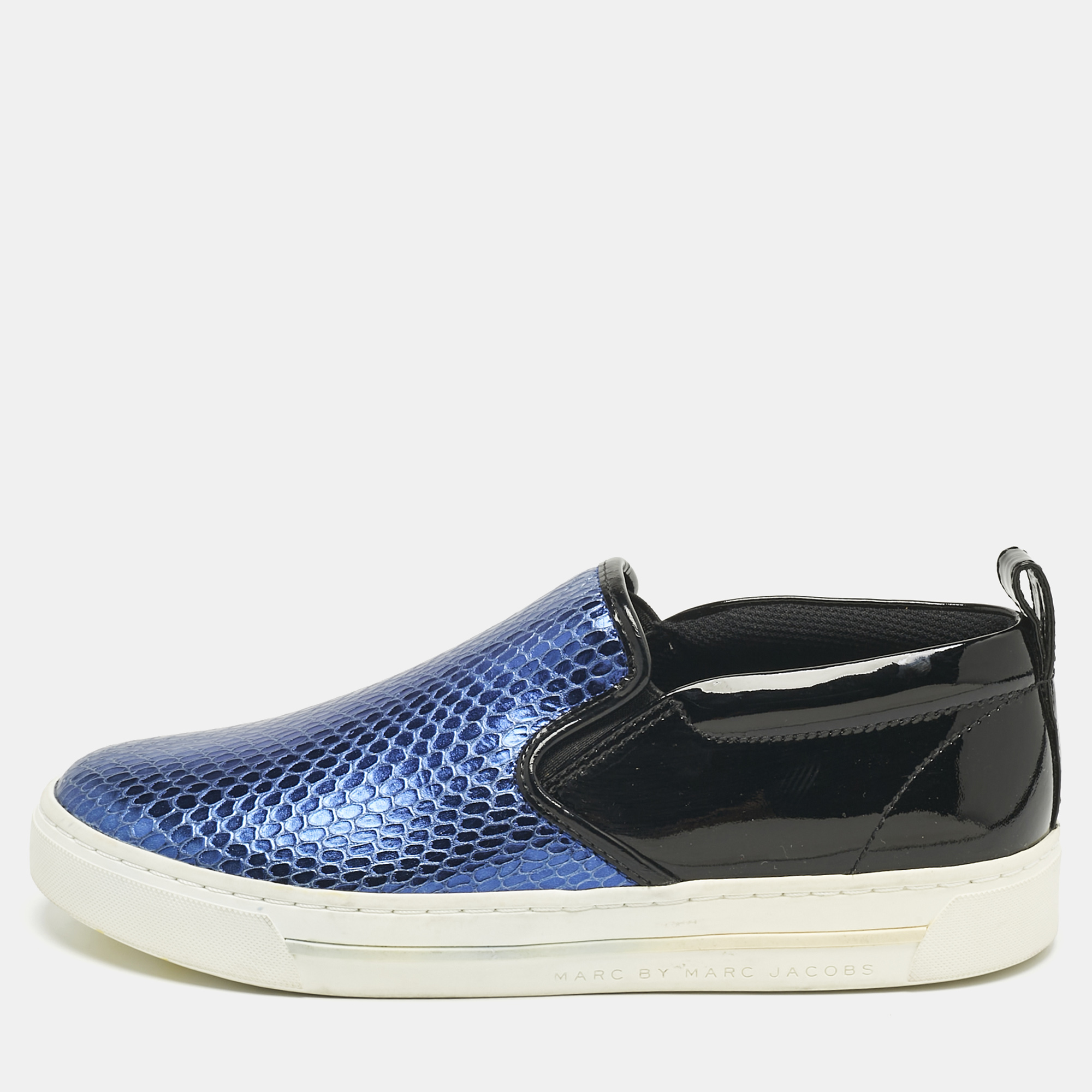 

Marc by Marc Jacobs Blue/Black Snakeskin Embossed and Leather Broome Slip On Sneakers Size