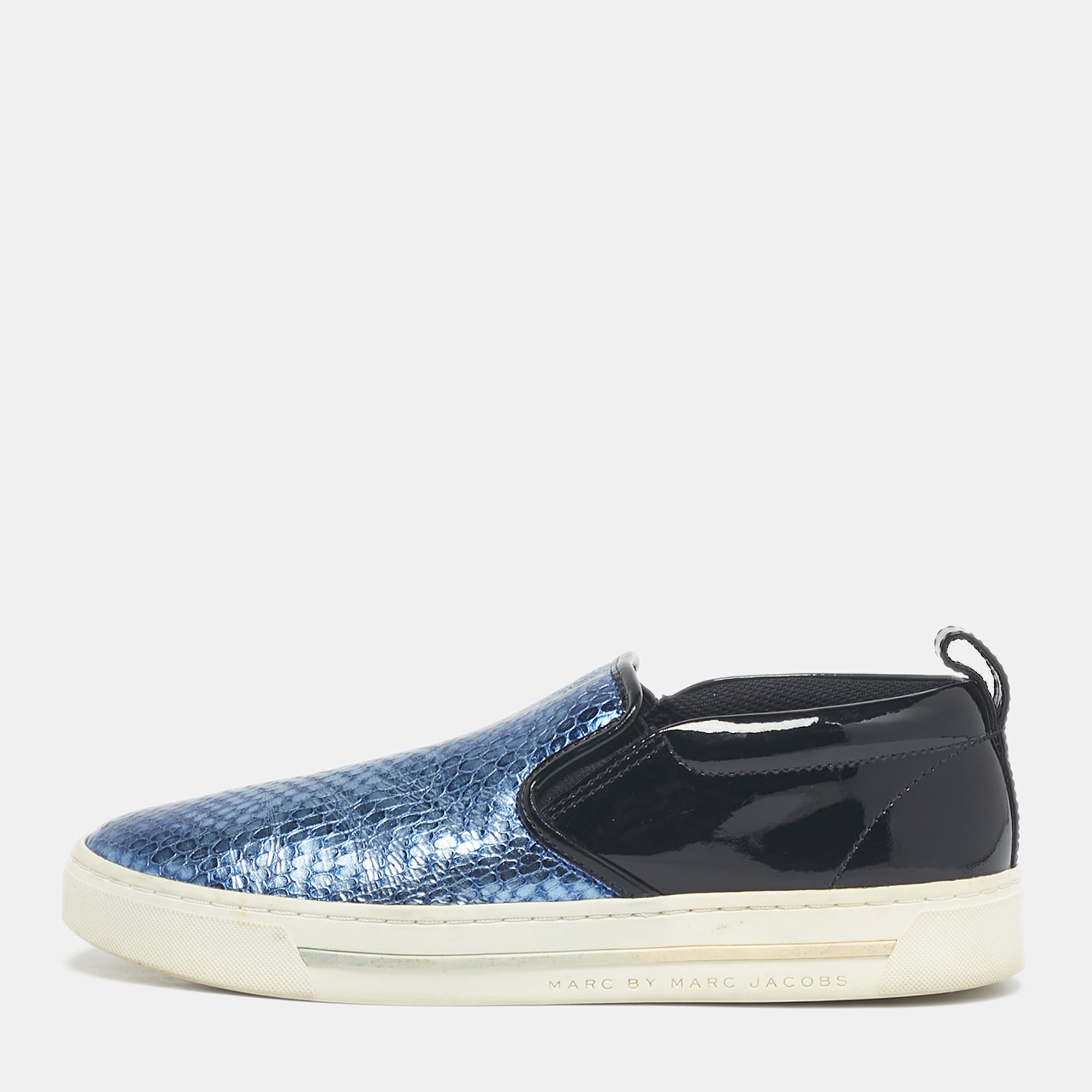 

Marc by Marc Jacobs Blue/Black Snakeskin Embossed and Patent Leather Broome Slip On Sneakers Size