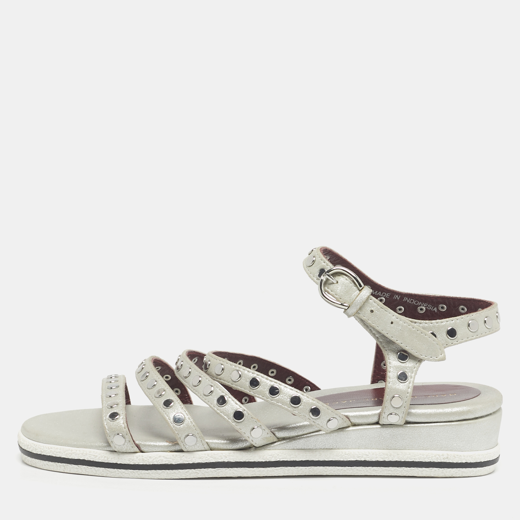 Pre-owned Marc By Marc Jacobs Silver Leather Gena Studded Ankle Strap Flat Sandals Size 36.5