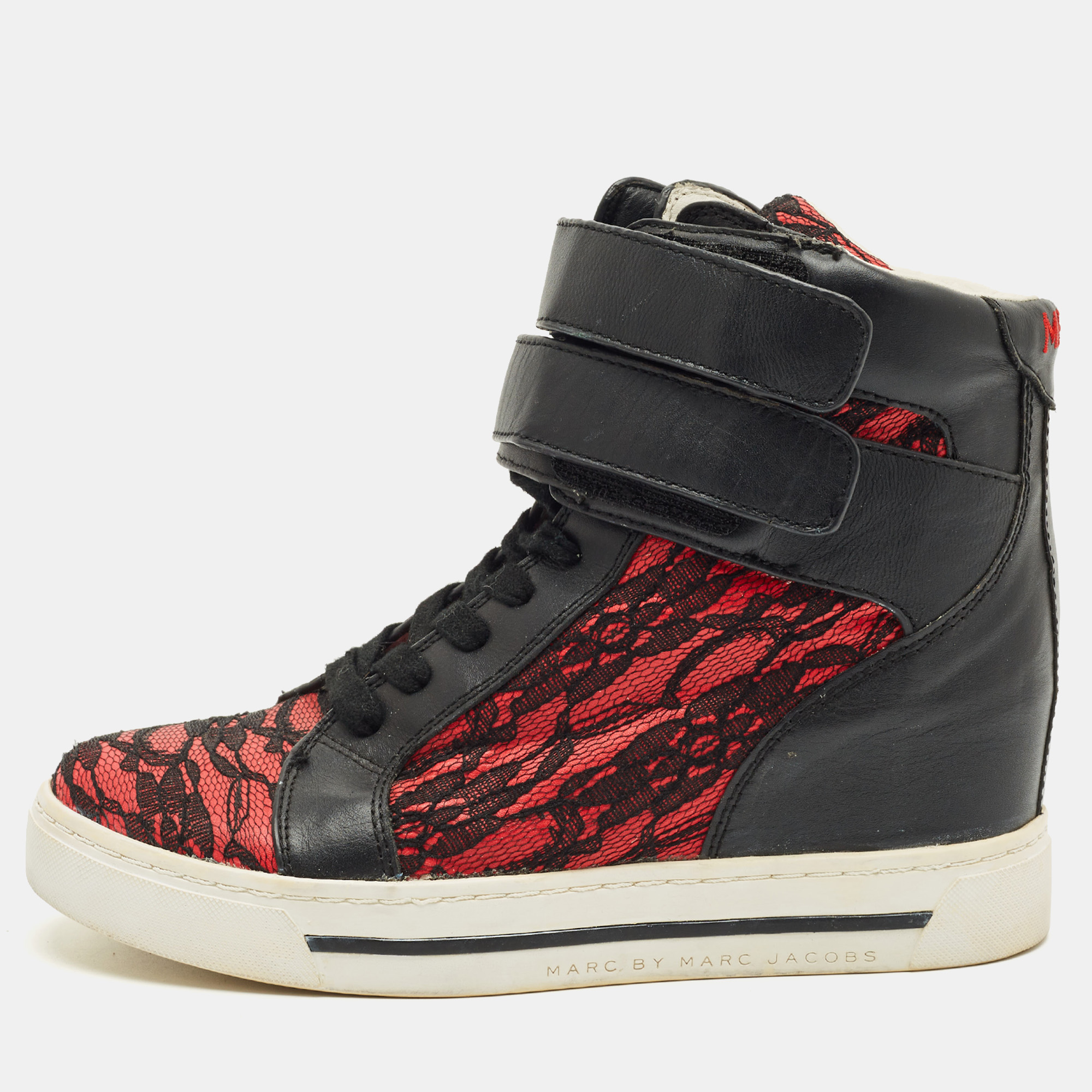 

Marc by Marc Jacobs Black/Red Lace and Leather High Top Sneakers Size