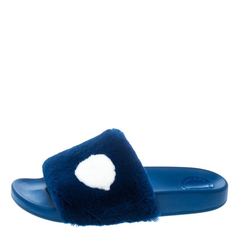 

Marc By Marc Jacobs Blue Rabbit Fur Dot Flat Slides Size