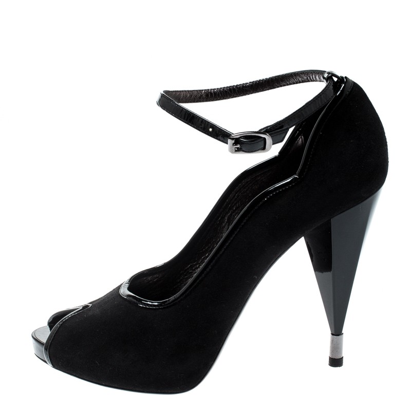 

Marc by Marc Jacobs Black Suede And Patent Leather Trim Peep Toe Ankle Strap Pumps Size