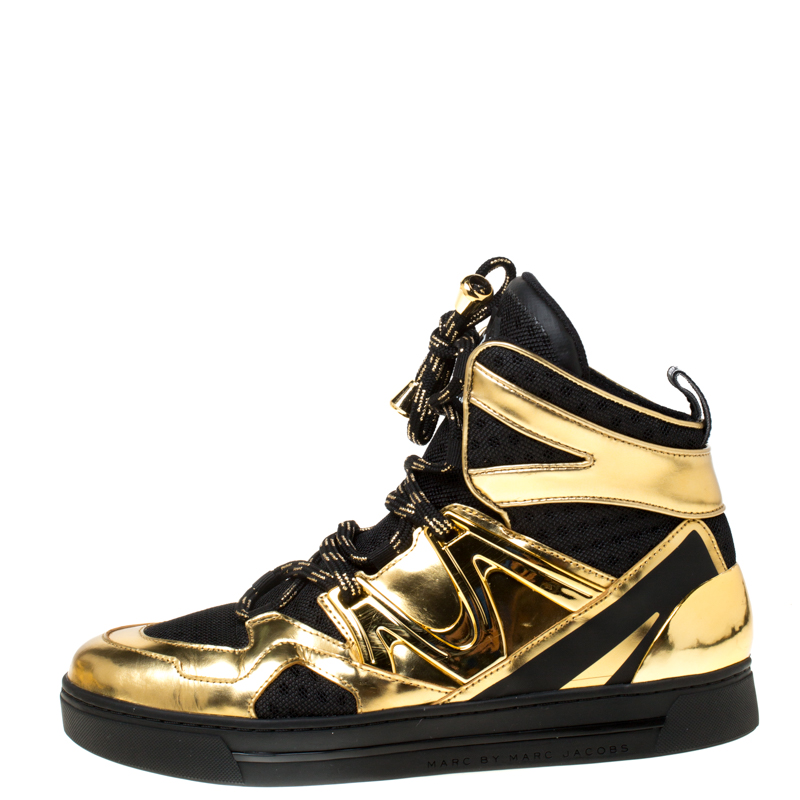 

Marc by Marc Jacobs Metallic Gold /Black Leather And Mesh High Top Sneakers Size