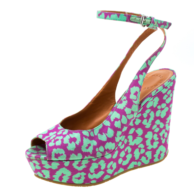 Marc by Marc Jacobs Multicolor Animal Print Fabric Peep Toe Ankle Wrap Platform Wedge Sandals Size 38