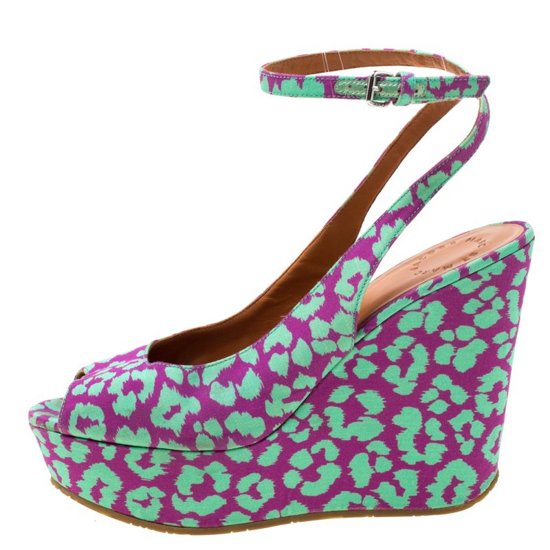 

Marc by Marc Jacobs Multicolor Animal Print Fabric Peep Toe Ankle Wrap Platform Wedge Sandals Size